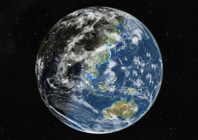 Globus zentriert auf Asien und Ozeanien, Satellitenbild in Echtfarben von Unknown